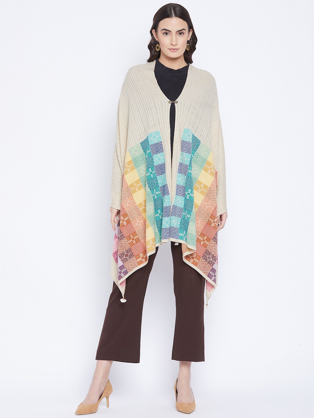 

Knitstudio Women White Woven-Design Knitted Shawl