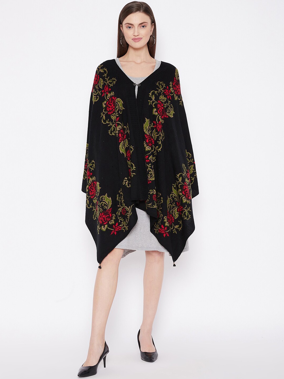 

Knitstudio Women Black Floral Woven Design Shawl