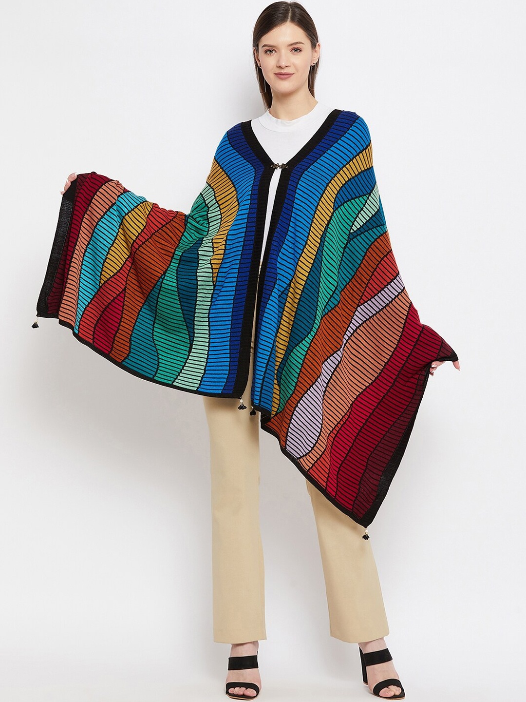 

Knitstudio Women Black Striped Woven-Design Knitted Shawl