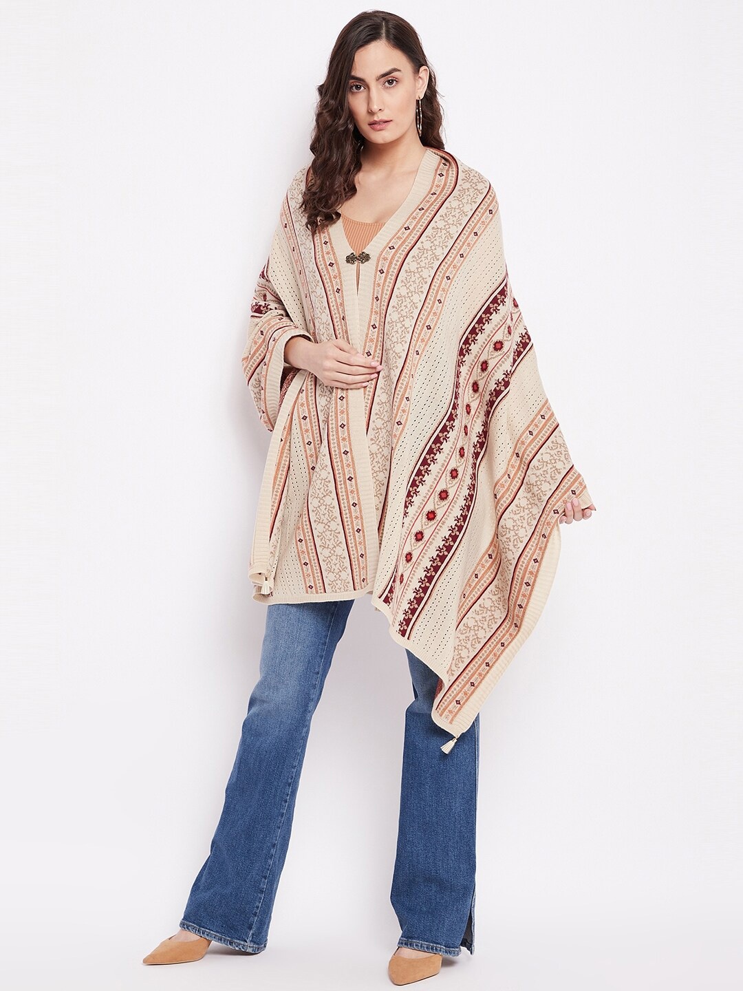 

Knitstudio Women Beige Ethnic Motifs Knitted Woven Design Shawl