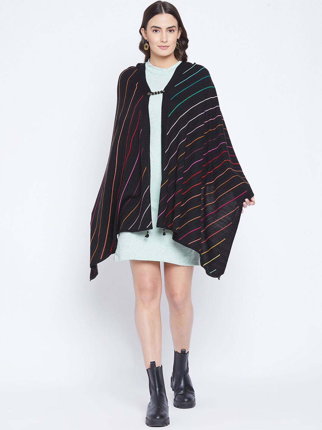 

Knitstudio Women Black Striped Knitted Shawl