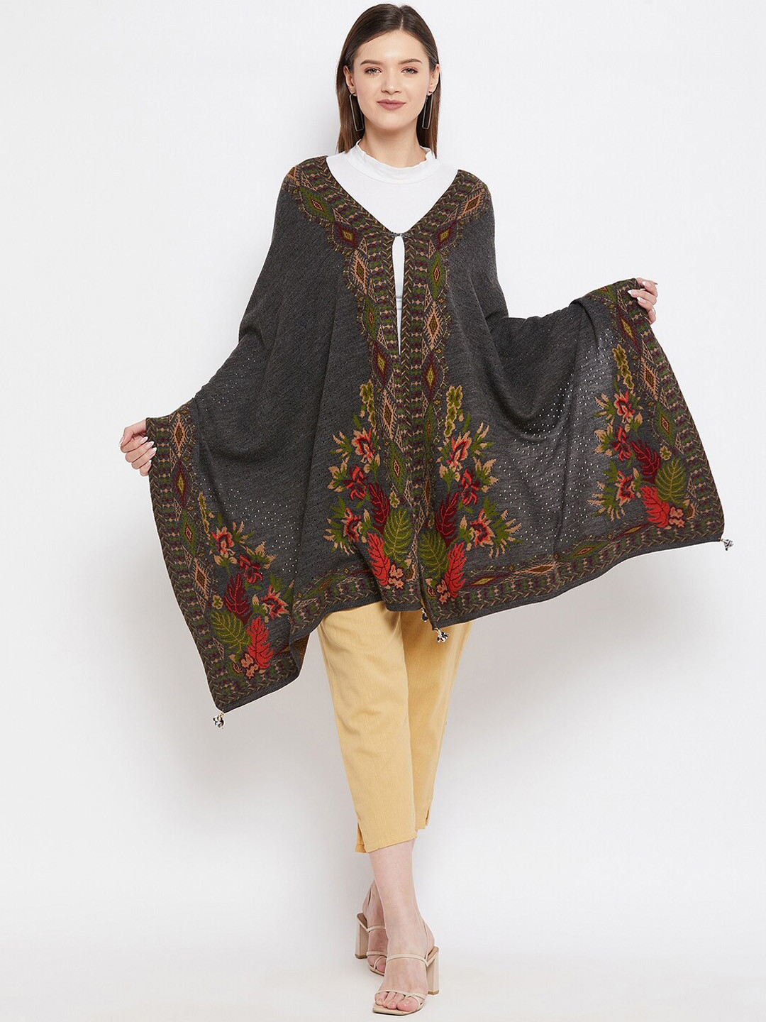 

Knitstudio Women Grey & Red Floral Embroidered Knitted Shawl
