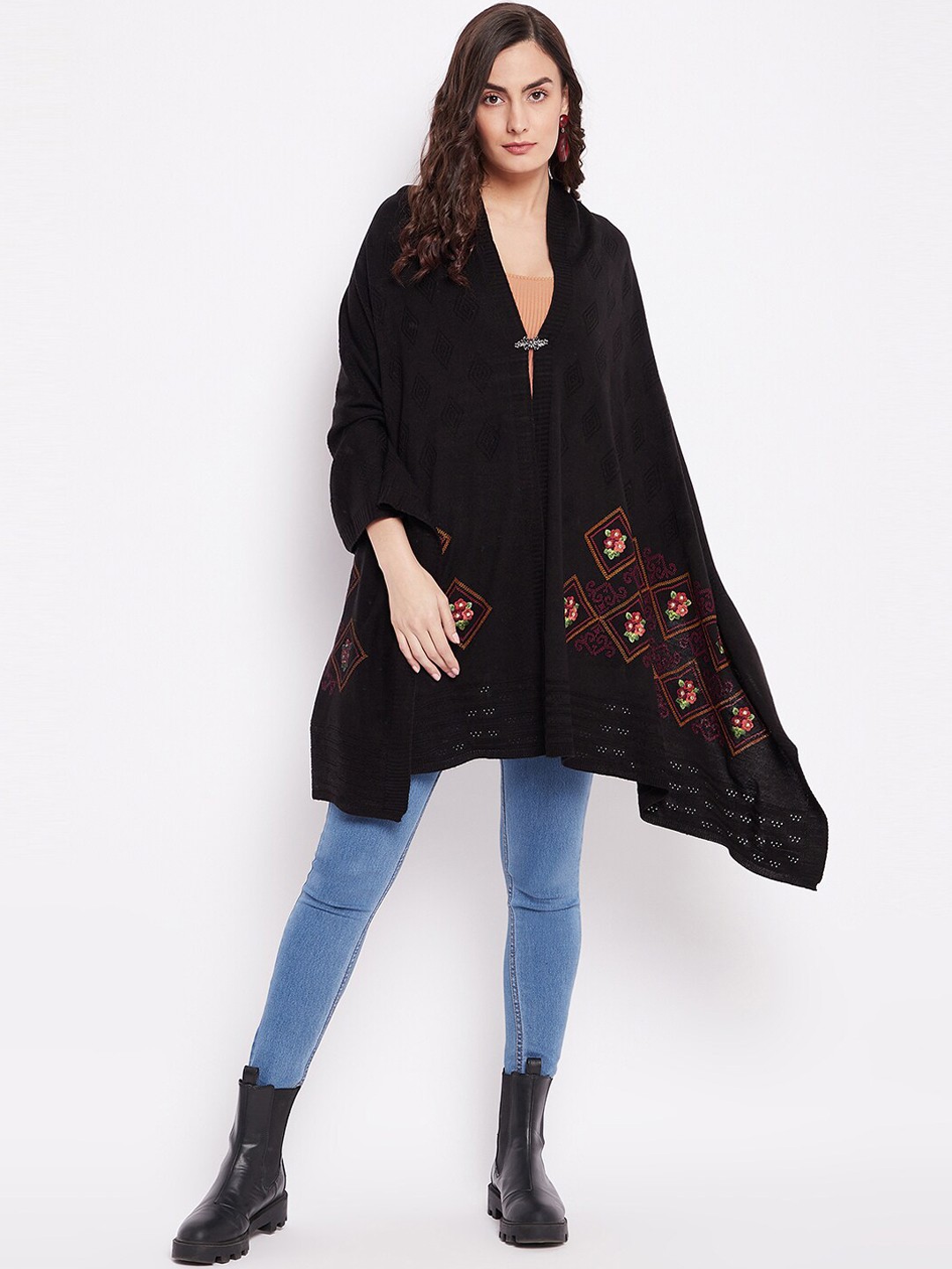 

Knitstudio Women Black Woven Design Floral Shawl
