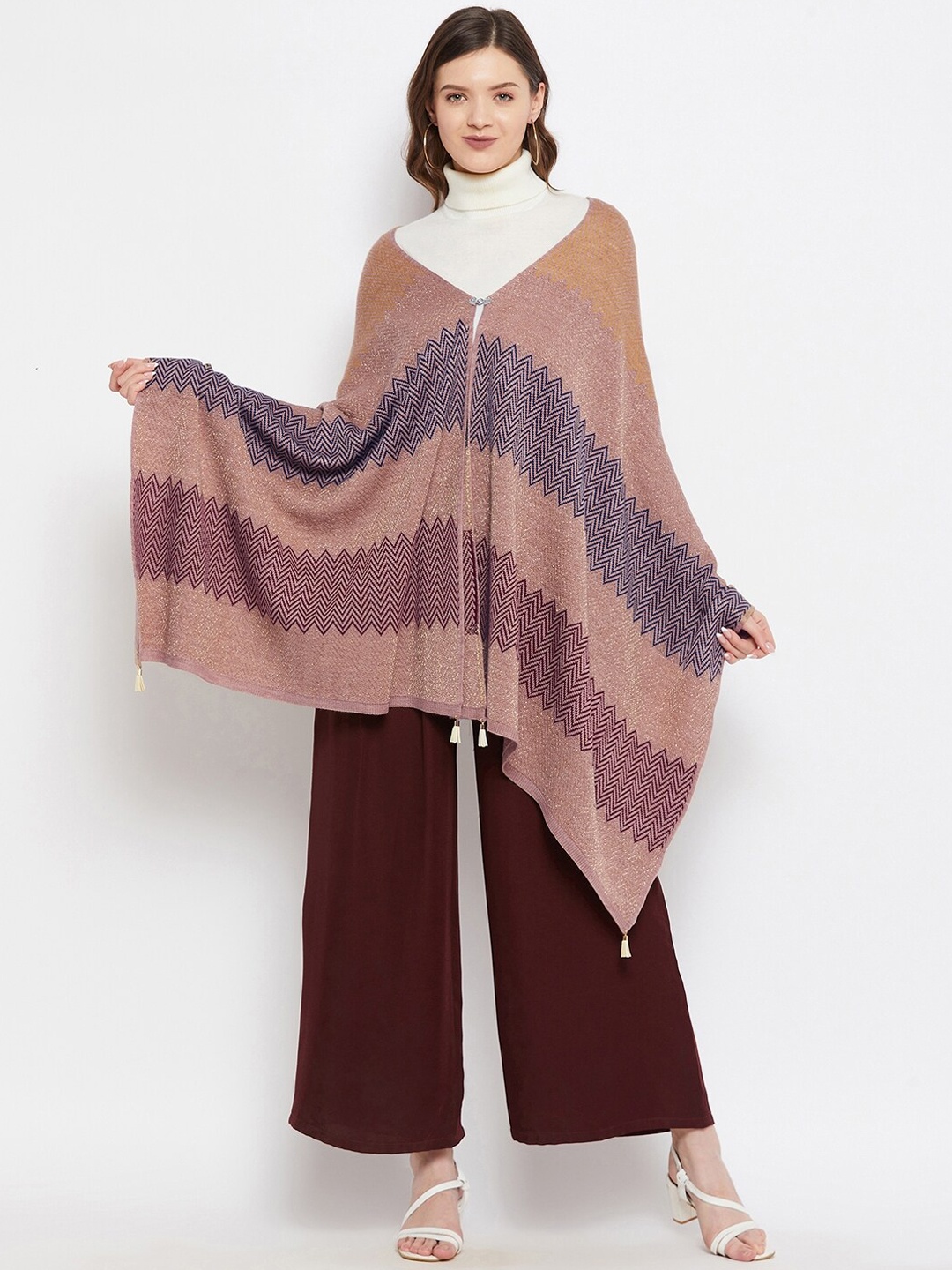 

Knitstudio Women Brown & Blue Striped Knitted Shawl