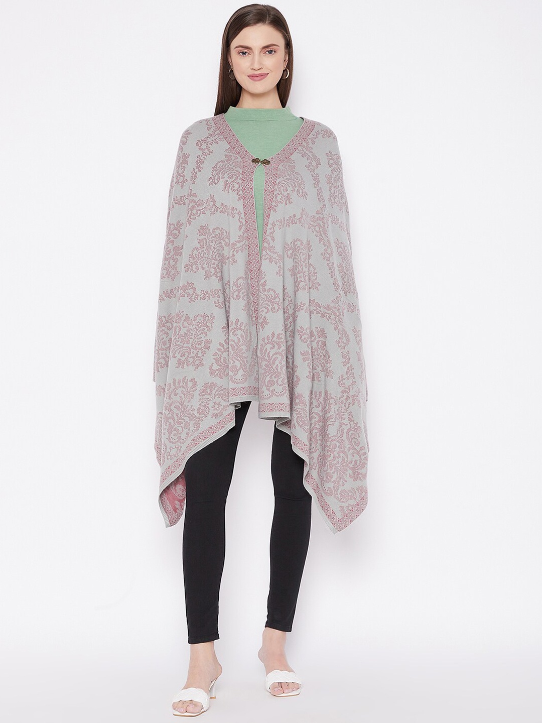 

Knitstudio Women Grey & Maroon Floral Knitted Shawl