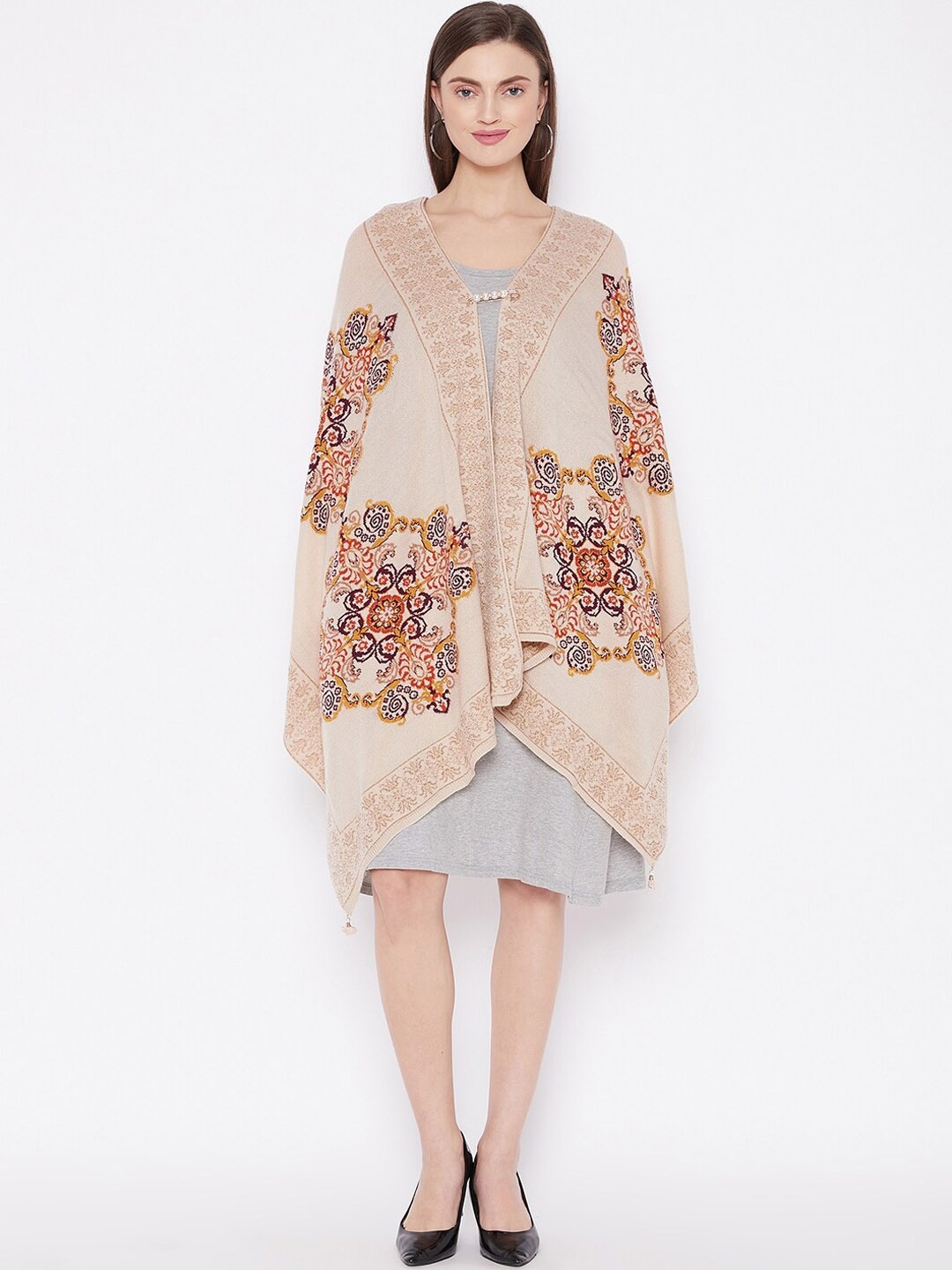 

Knitstudio Women Beige Floral Woven Design Knitted Shawl