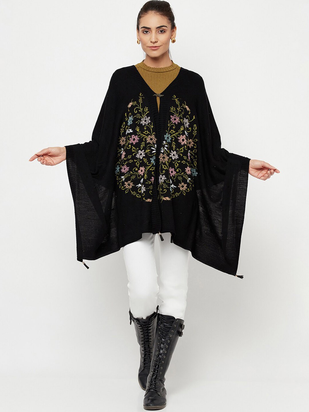 

Knitstudio Women Black Floral Woven Design Knitted Shawl