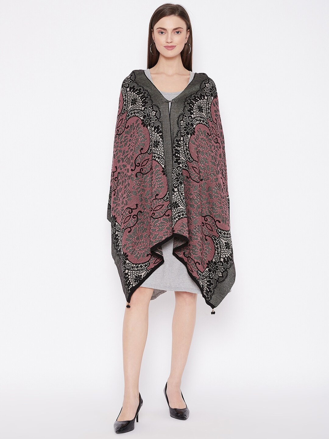 

Knitstudio Women Pink & Black Ethnic Motifs Woven Design Shawl