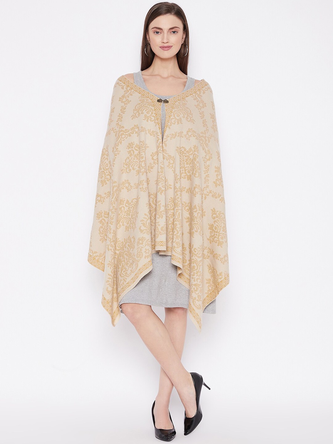 

Knitstudio Women Beige Floral Woven-Design Knitted Shawl