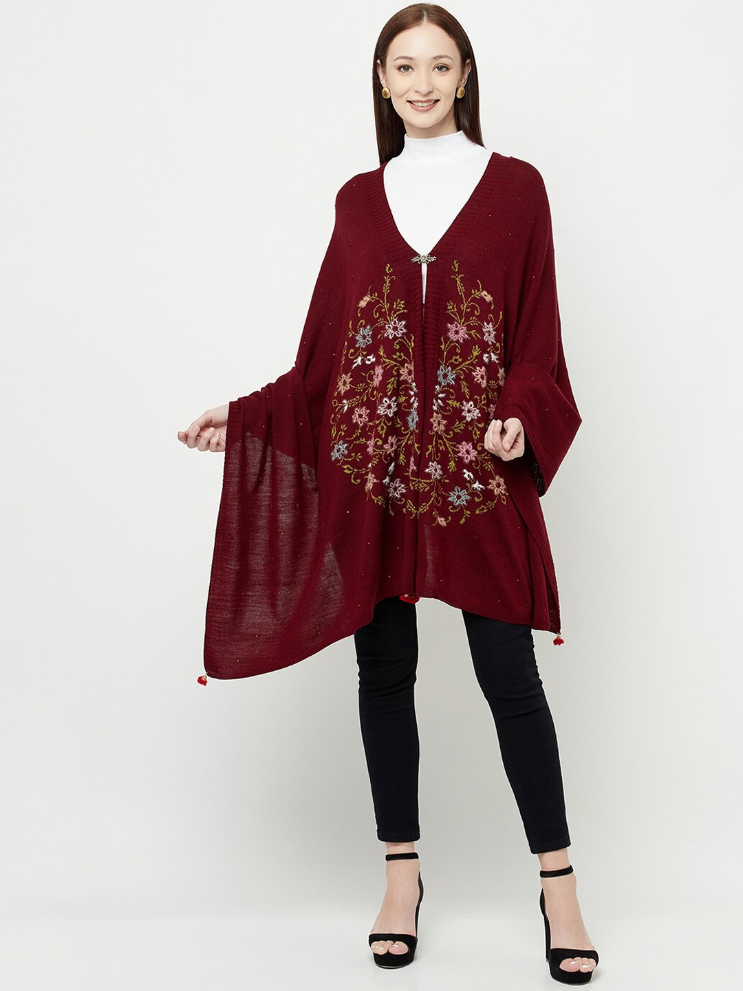 

Knitstudio Women Maroon Floral Woven Design Knitted Shawl
