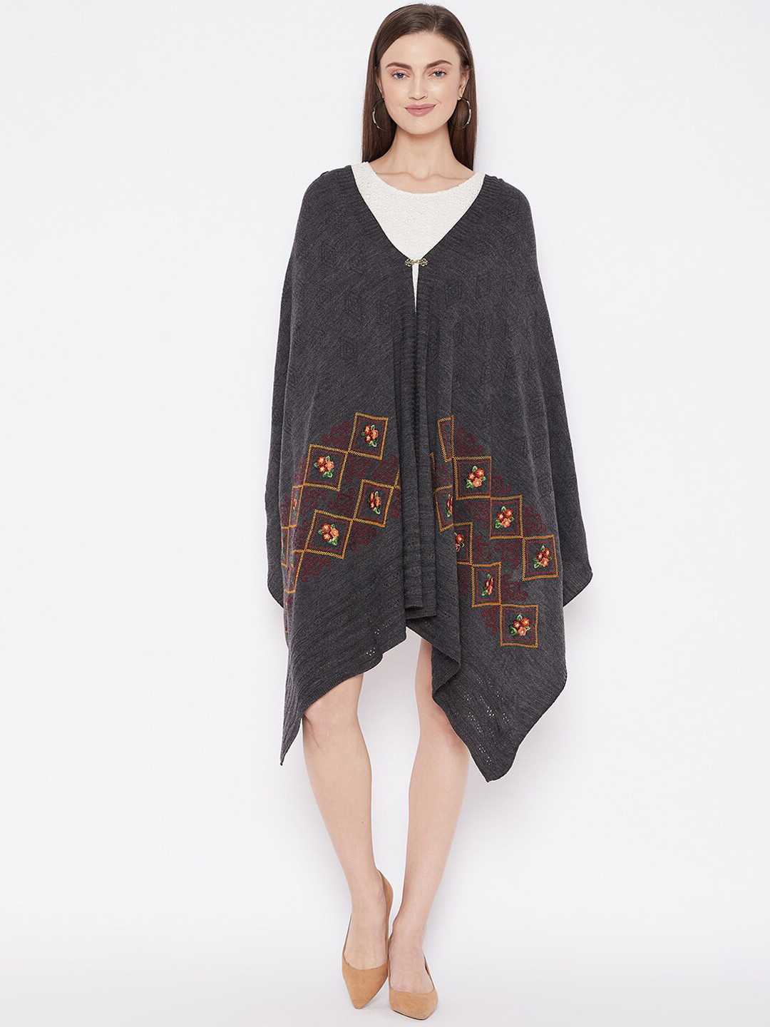 

Knitstudio Women Grey Floral Embroidered Knitted Shawl