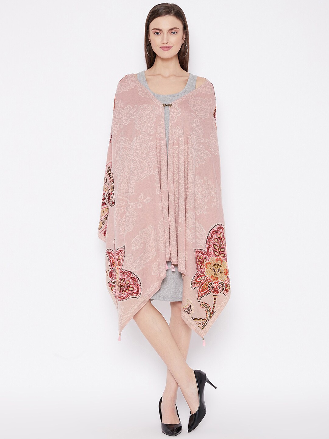 

Knitstudio Women Peach Floral Woven Design Shawl