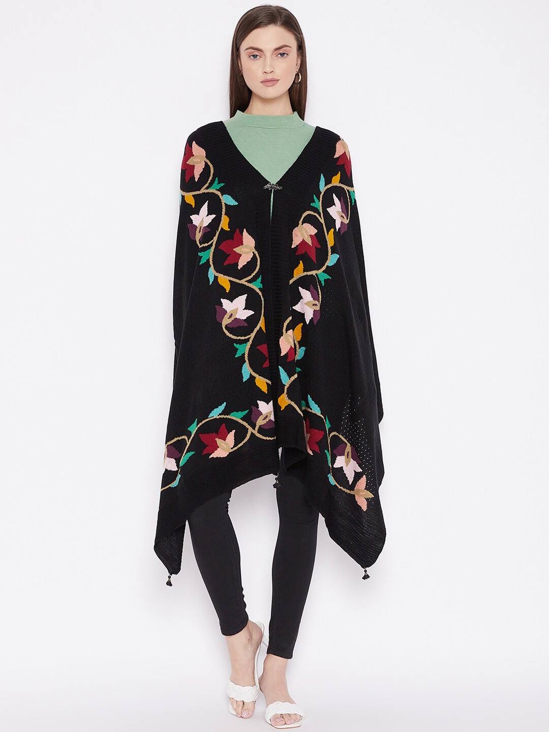 

Knitstudio Women Black Floral Woven Design Knitted Shawl