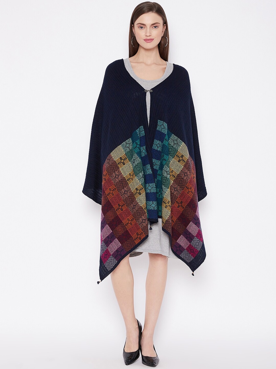 

Knitstudio Women Navy Blue Checked Woven-Design Shawl