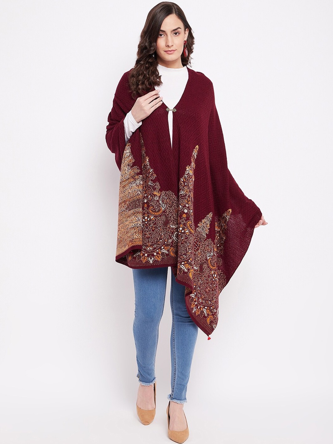

Knitstudio Women Maroon Ethnic Motif Woven Design Shawl