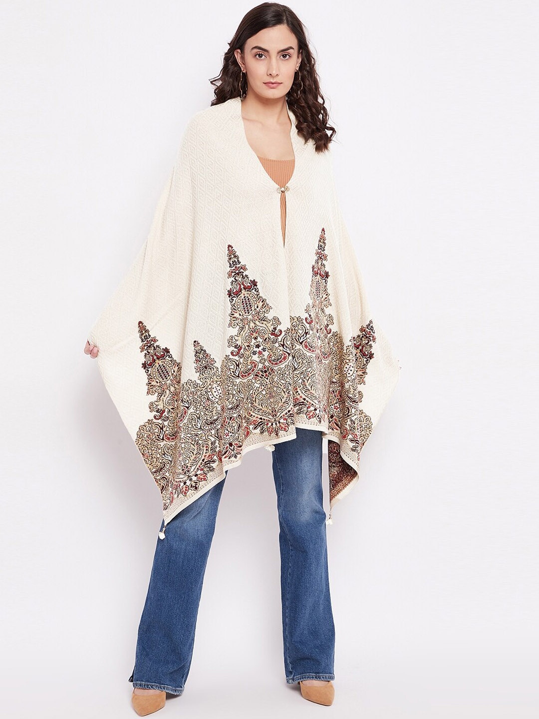 

Knitstudio Women White Ethnic Motifs Woven Design Shawl, Off white