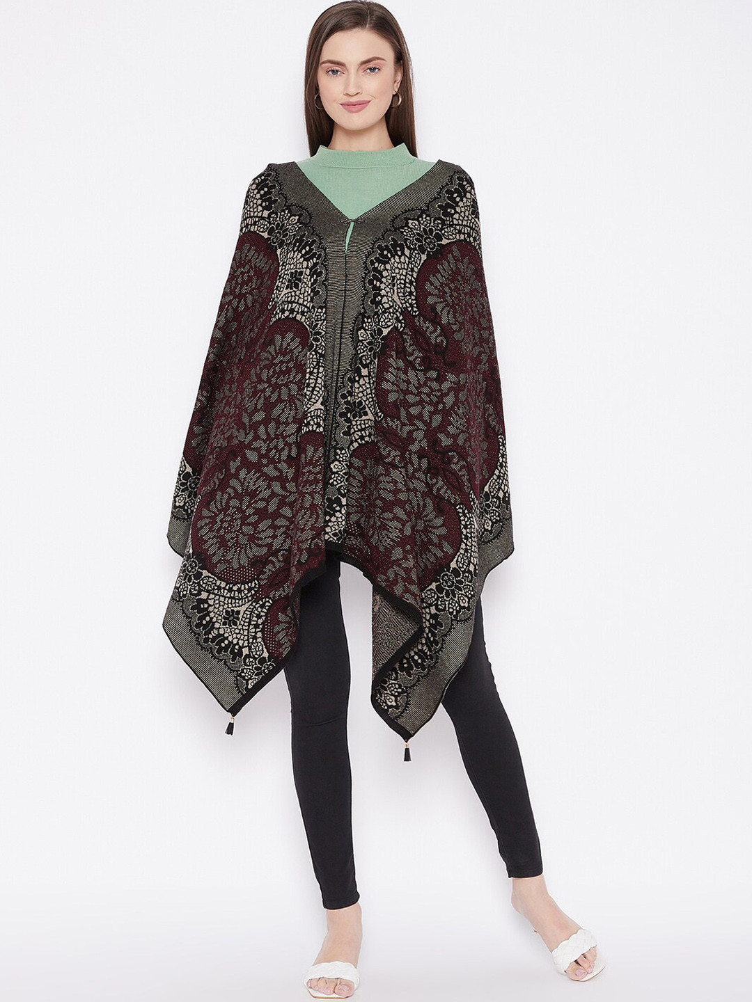

Knitstudio Women Maroon & Black Woven Design Knitted Shawl