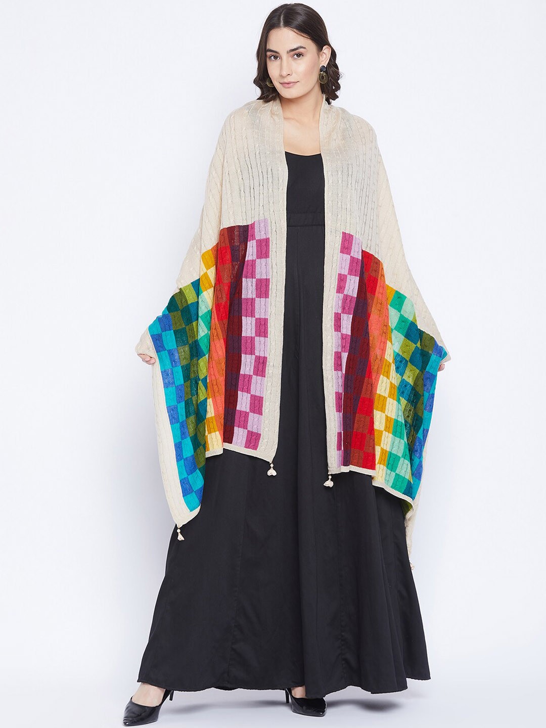 

Knitstudio Women Beige & Pink Woven Design Knitted Shawl