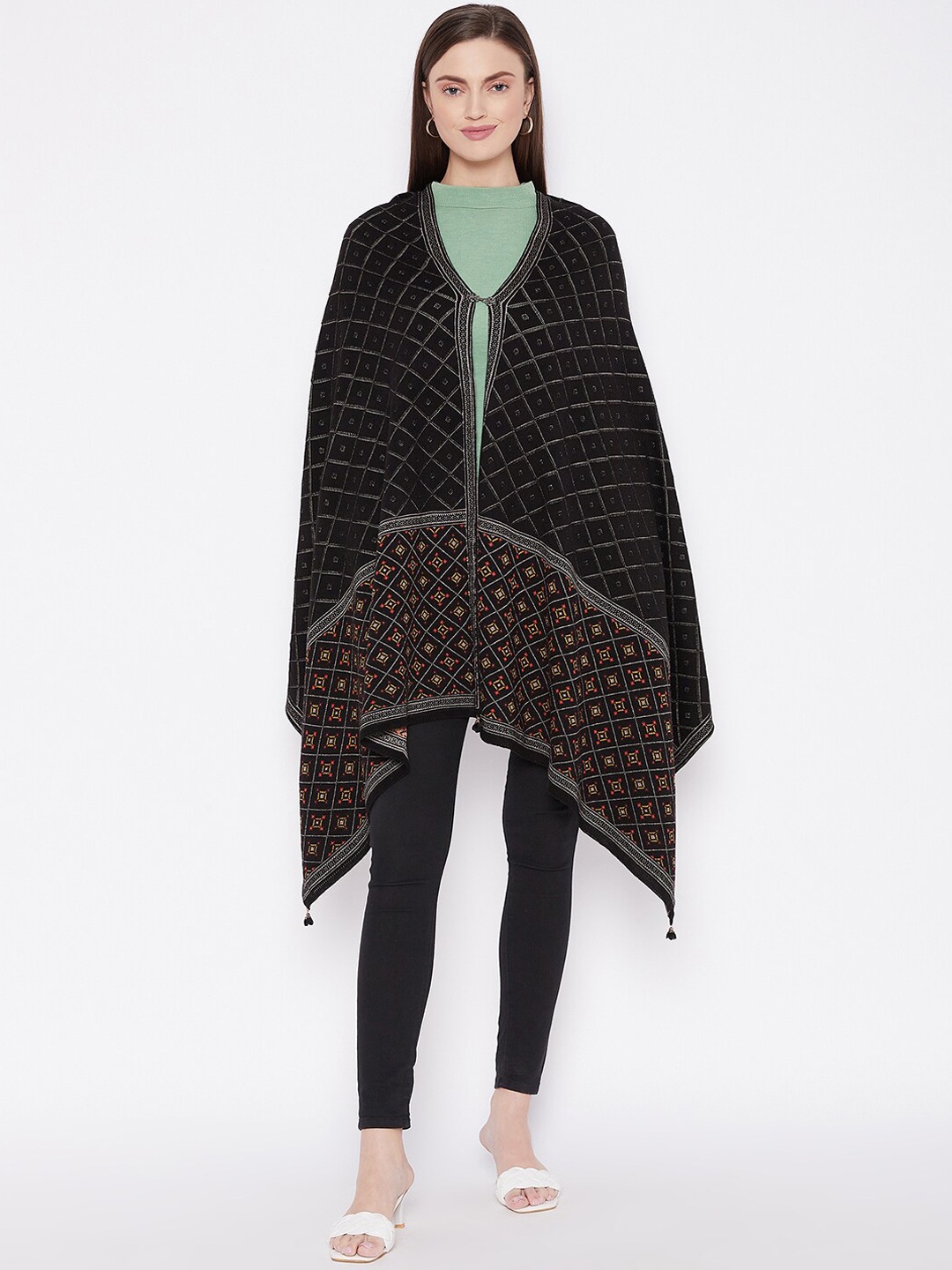 

Knitstudio Women Black Geometric Woven-Design Shawl