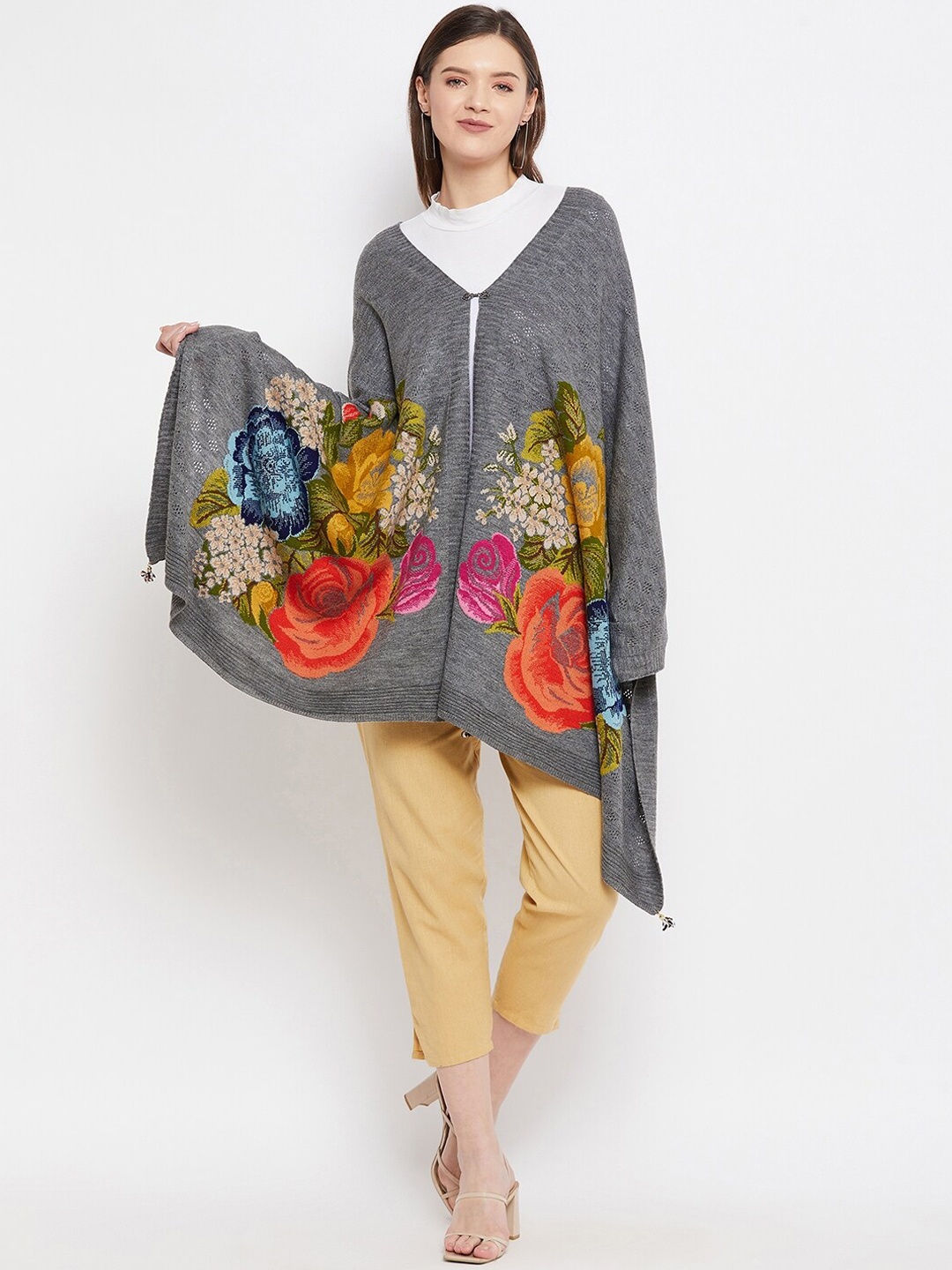 

Knitstudio Women Grey & Yellow Woven-Design Knitted Shawl