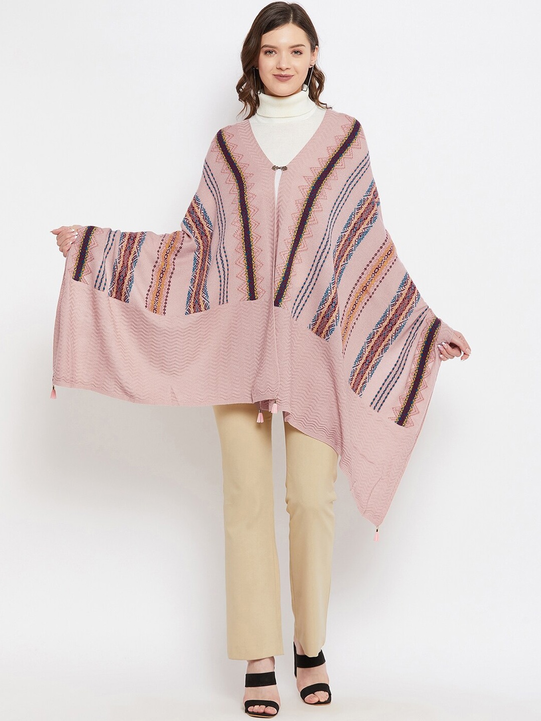 

Knitstudio Women Rose-Colored & Blue Woven Design Knitted Shawl