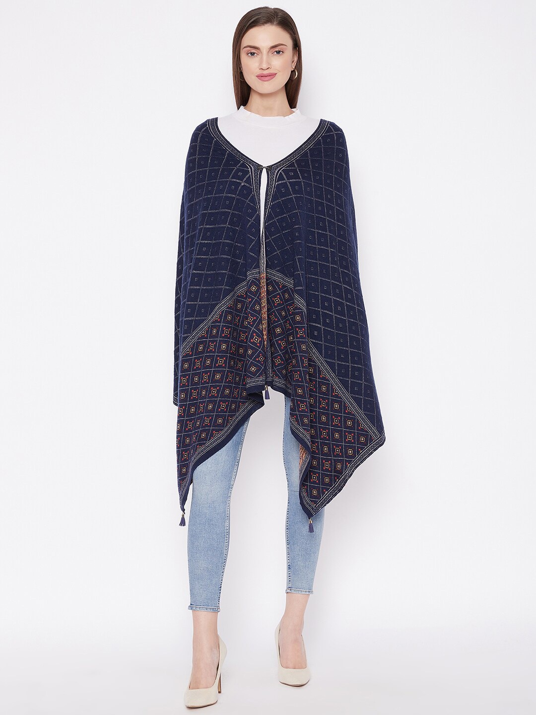

Knitstudio Women Navy Blue Woven-Design Knitted Shawl