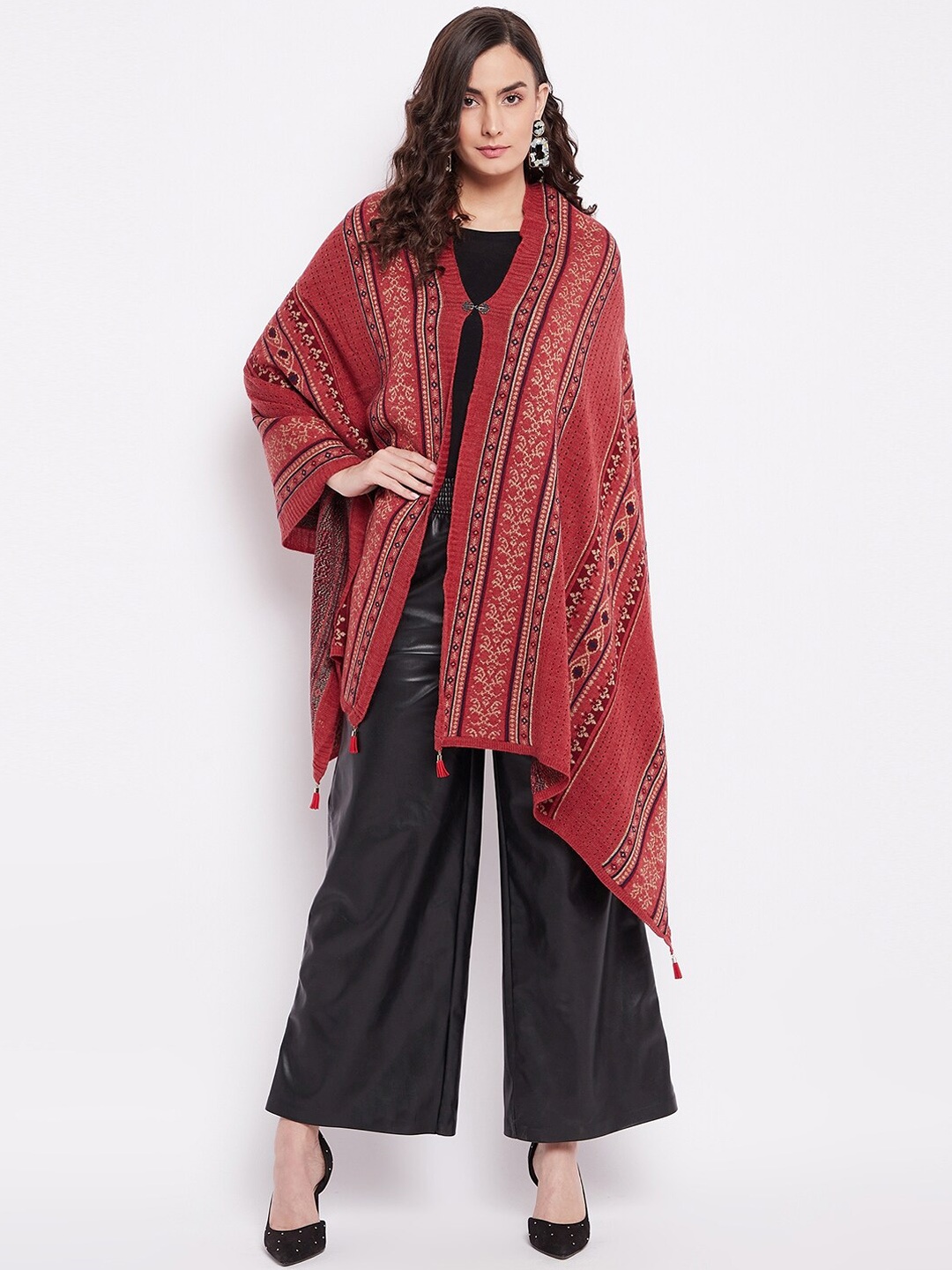 

Knitstudio Women Red Woven-Design Knitted Shawl