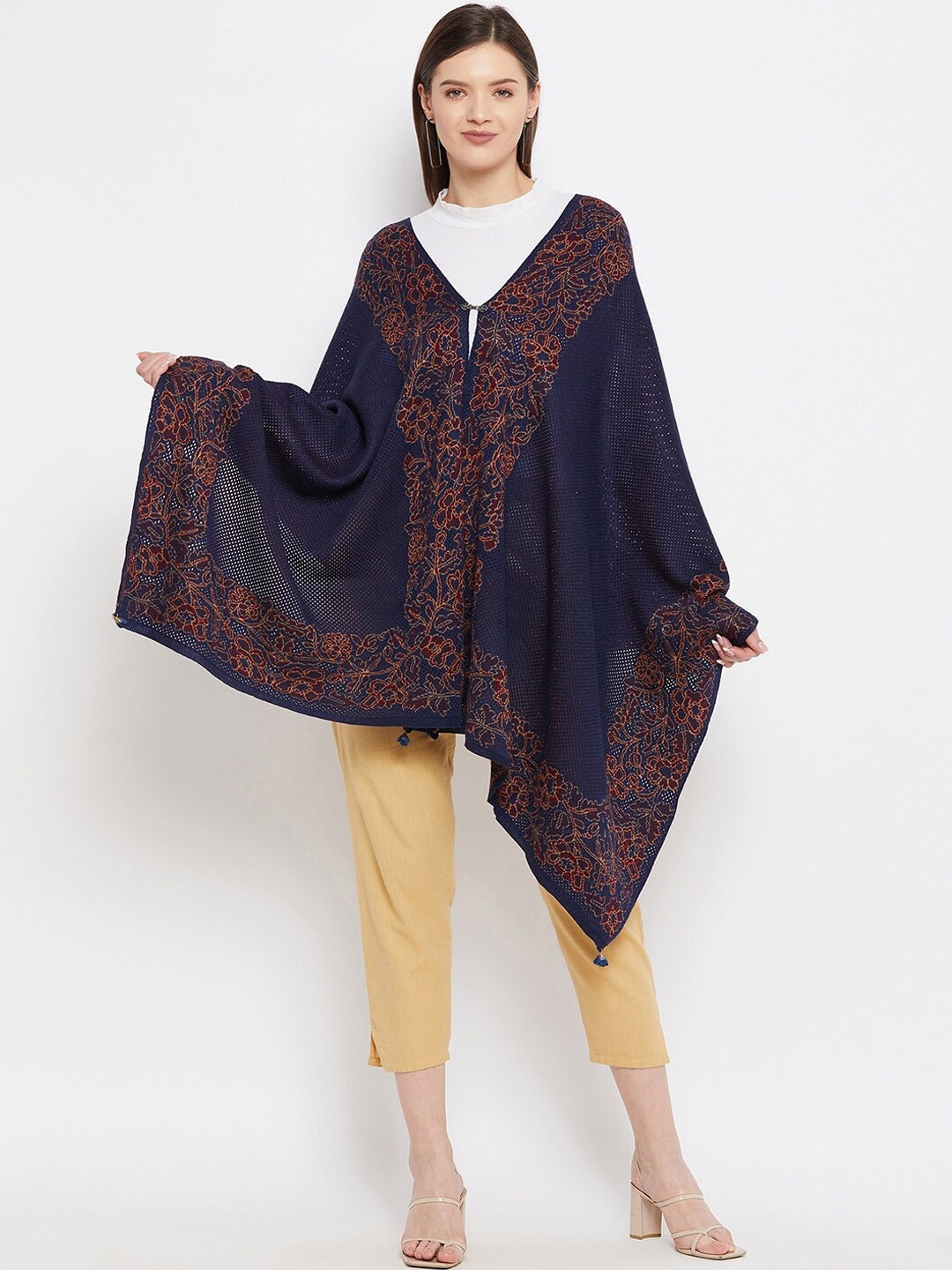 

Knitstudio Women Navy Blue & Maroon Woven Design Knitted Shawl
