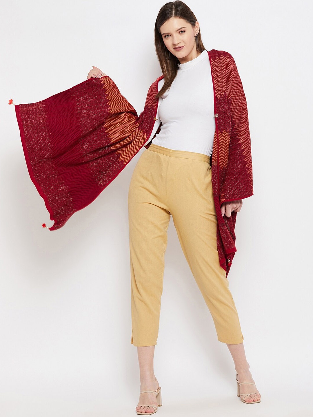 

Knitstudio Women Red Woven Design Knitted Shawl