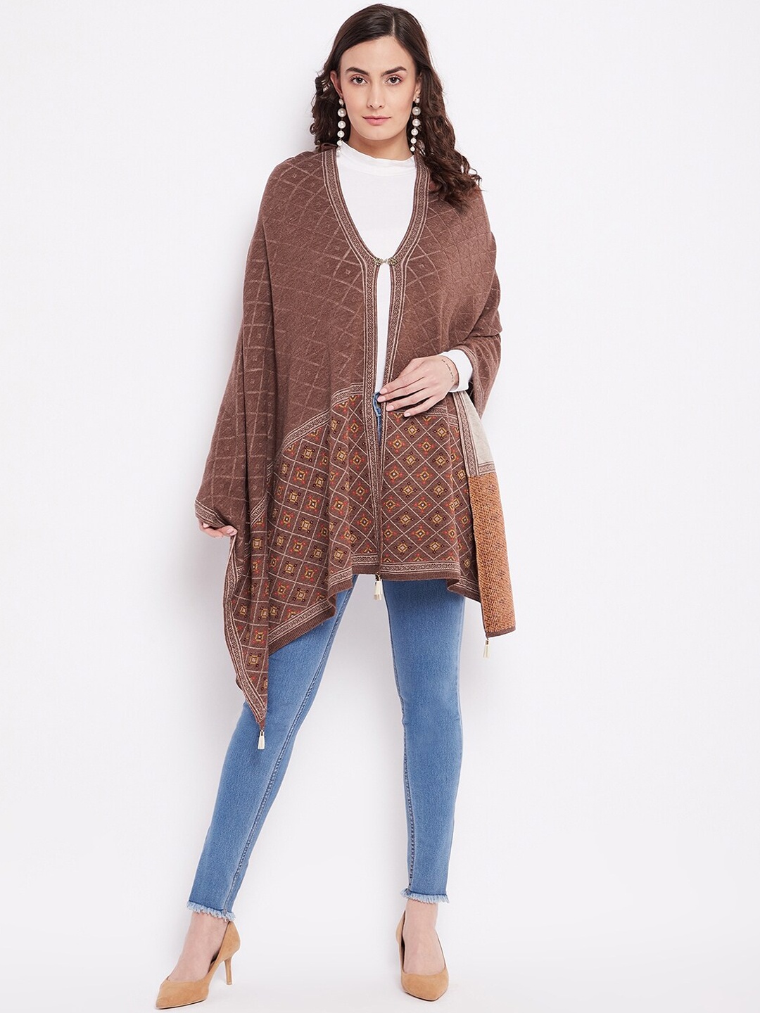 

Knitstudio Women Brown Woven Design Shawl