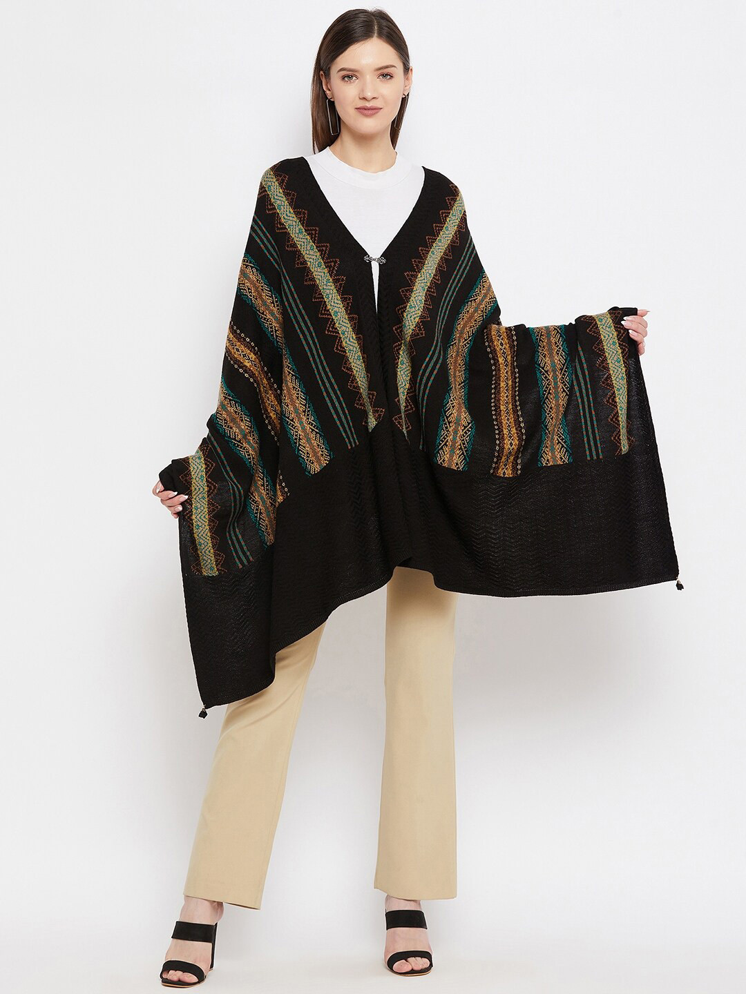 

Knitstudio Women Black Woven Design Shawl
