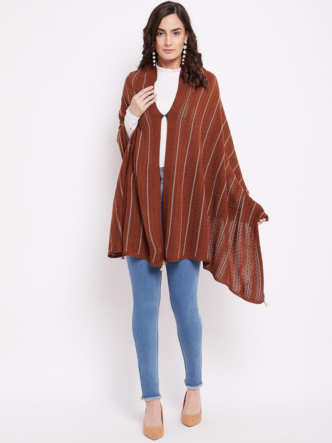 

Knitstudio Women Orange Leheriya Woven Design Knitted Shawl