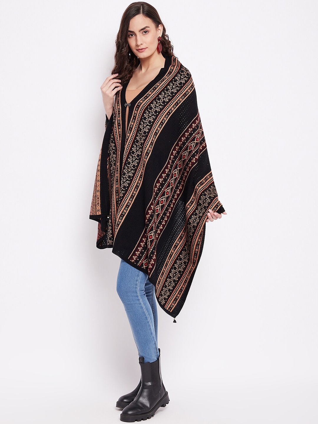 

Knitstudio Women Black Woven Design Shawl