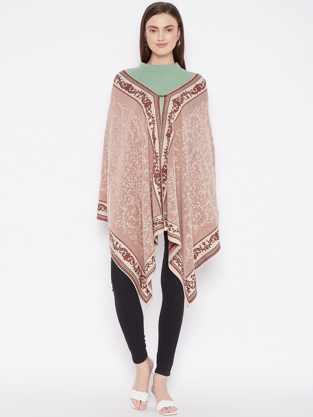 

Knitstudio Women Beige & Rust-Coloured Woven Design Knitted Shawl