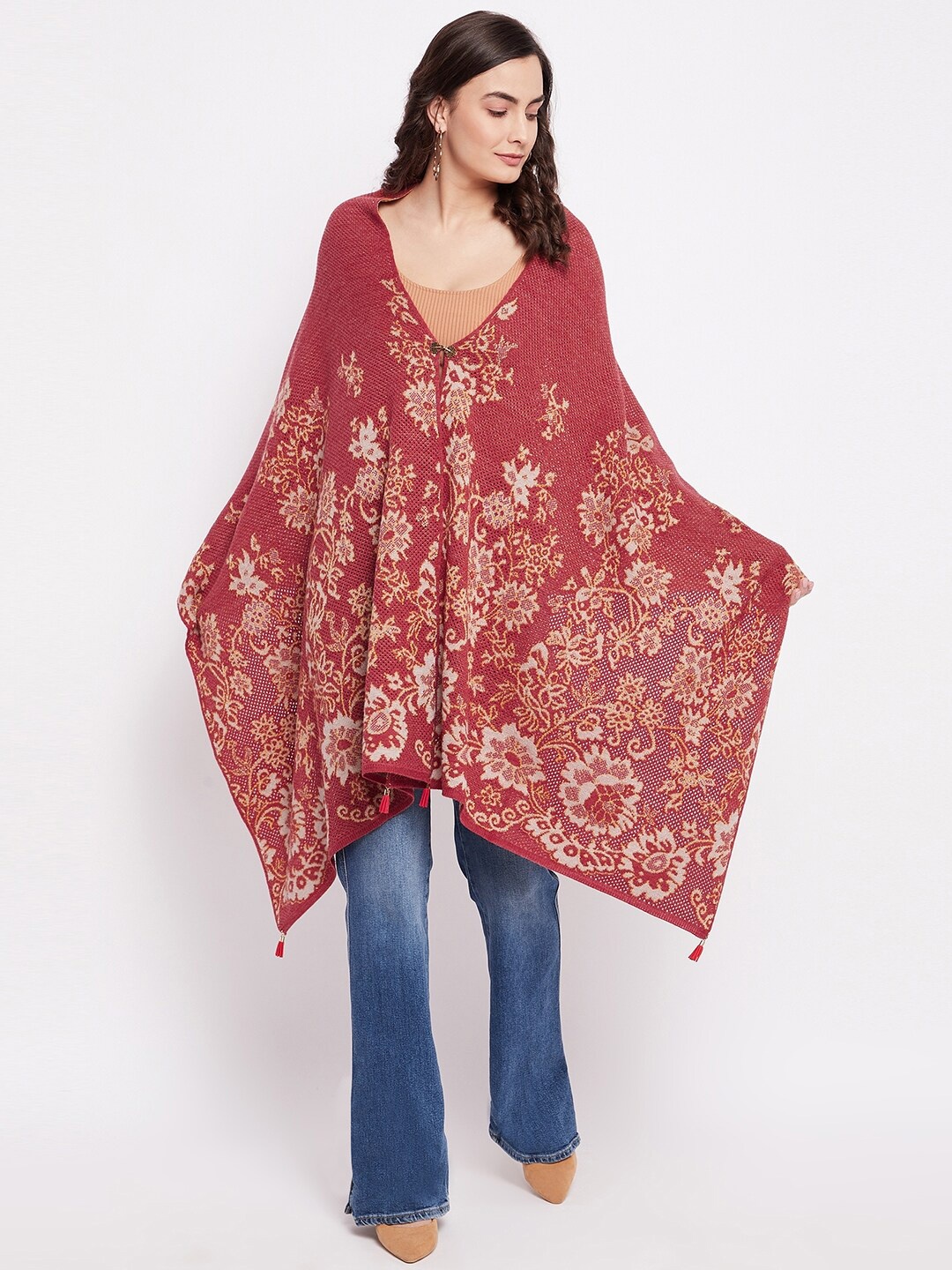

Knitstudio Women Red Woven Design Shawl