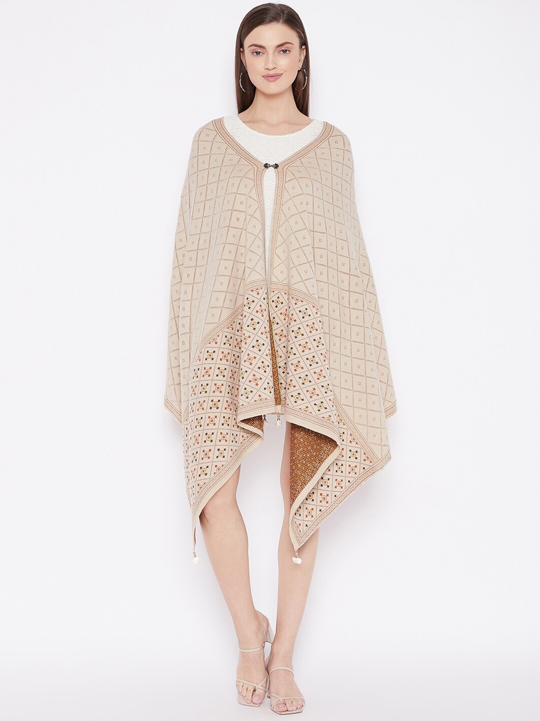 

Knitstudio Women Beige Colored Woven Design Knitted Shawl