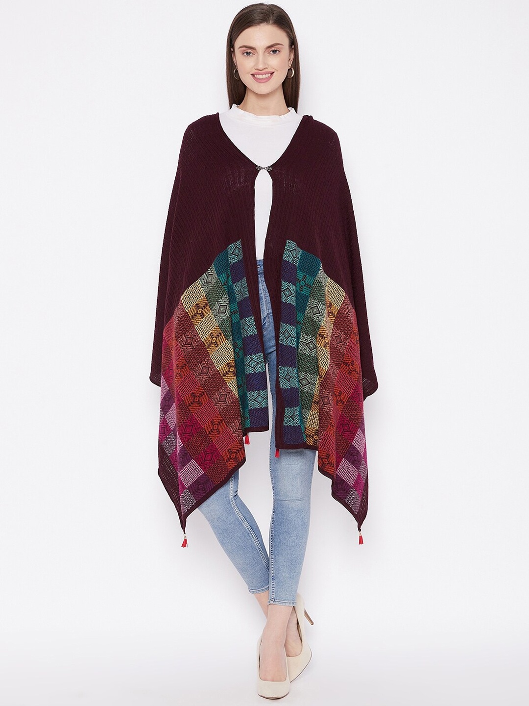 

Knitstudio Women Maroon Woven Design Knitted Shawl