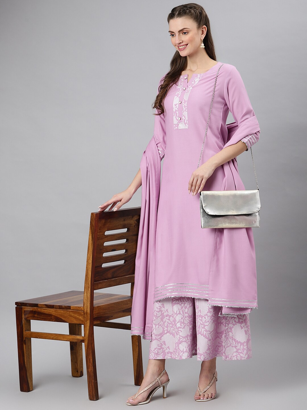 

Khushal K Women Purple Floral Yoke Design Kurta with Palazzos & With Dupatta