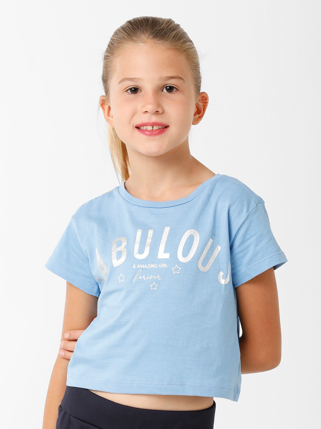

KATE & OSCAR Girls Blue Typography Printed T-shirt