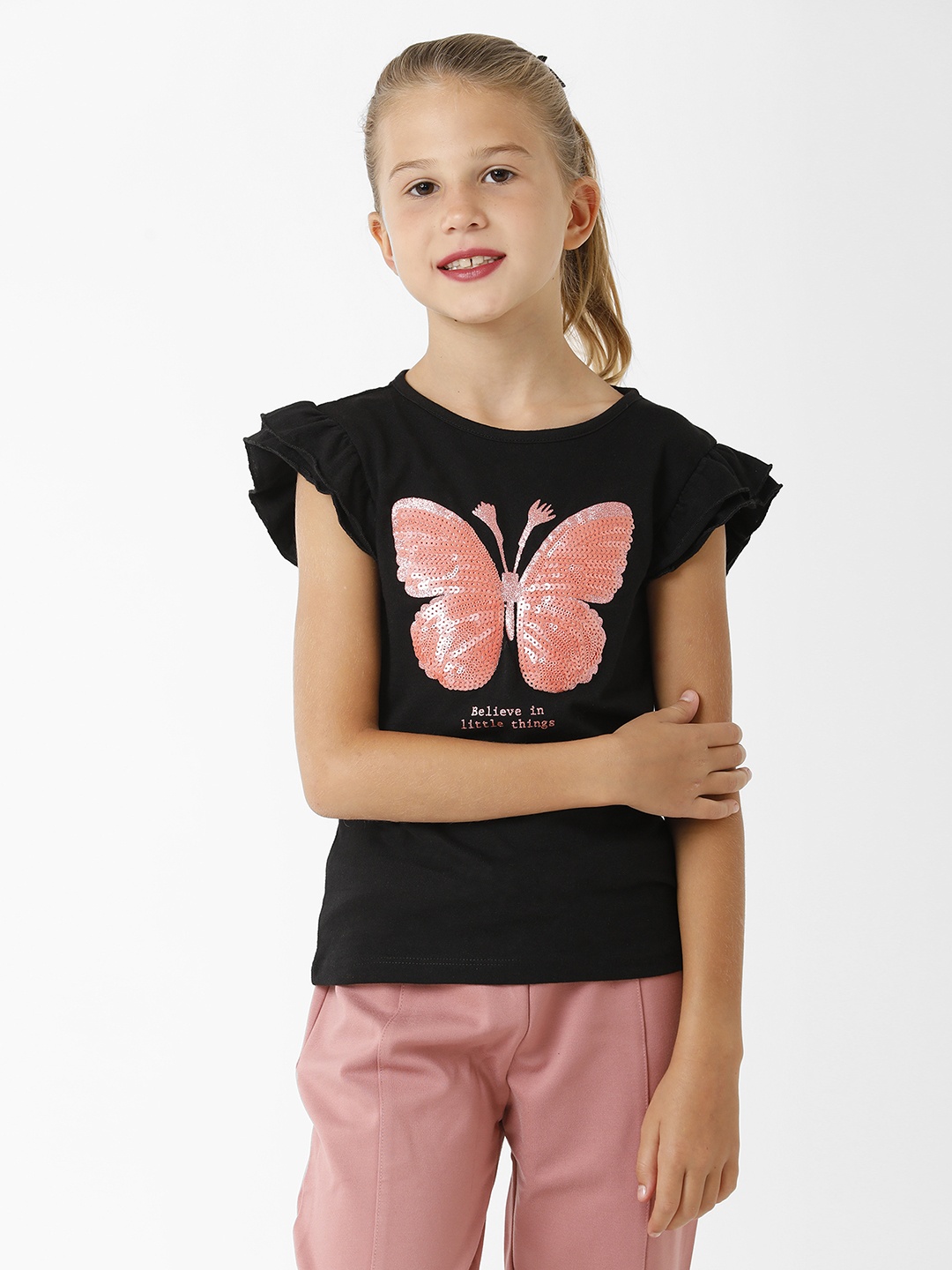 

KATE & OSCAR Girls Butterfly sequins T-shirt, Black