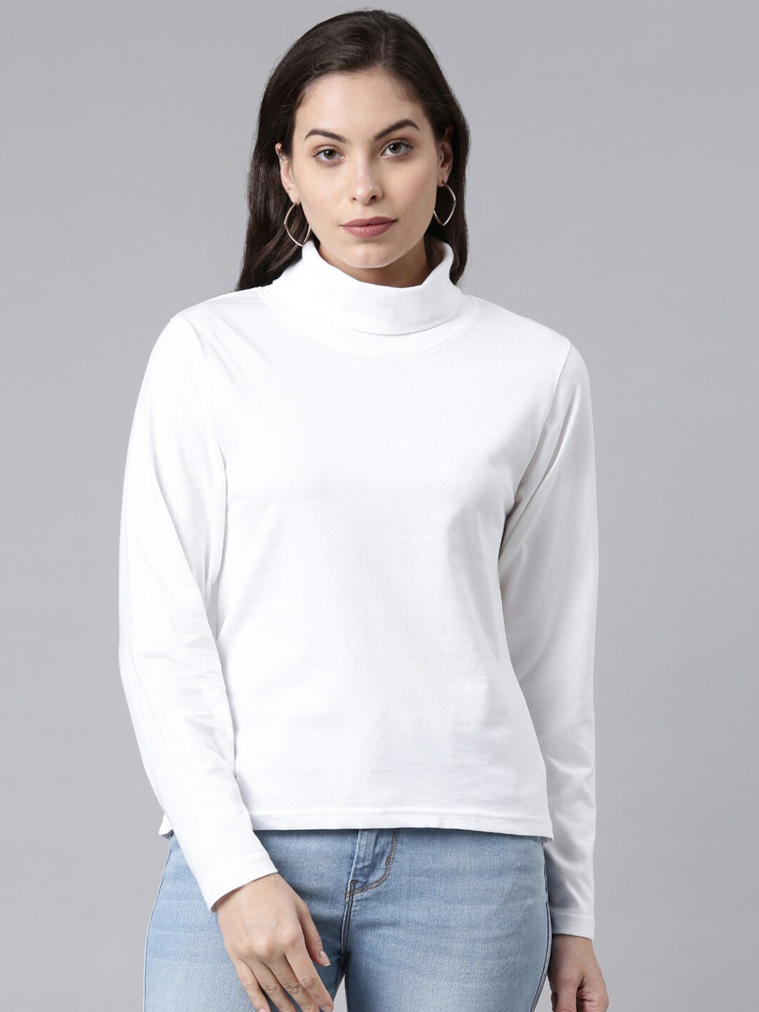 

Kryptic Women White Stretch Solid High Neck T-shirt