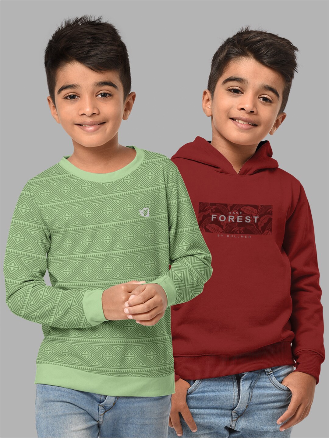 

HELLCAT Boys Set Of 2 Green & Rust Brown Printed Hooded Sweatshirt