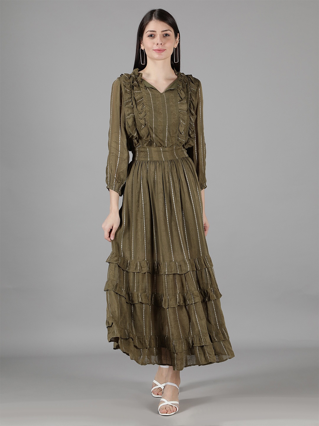 

Amagyaa Olive Green Striped Georgette Maxi Dress