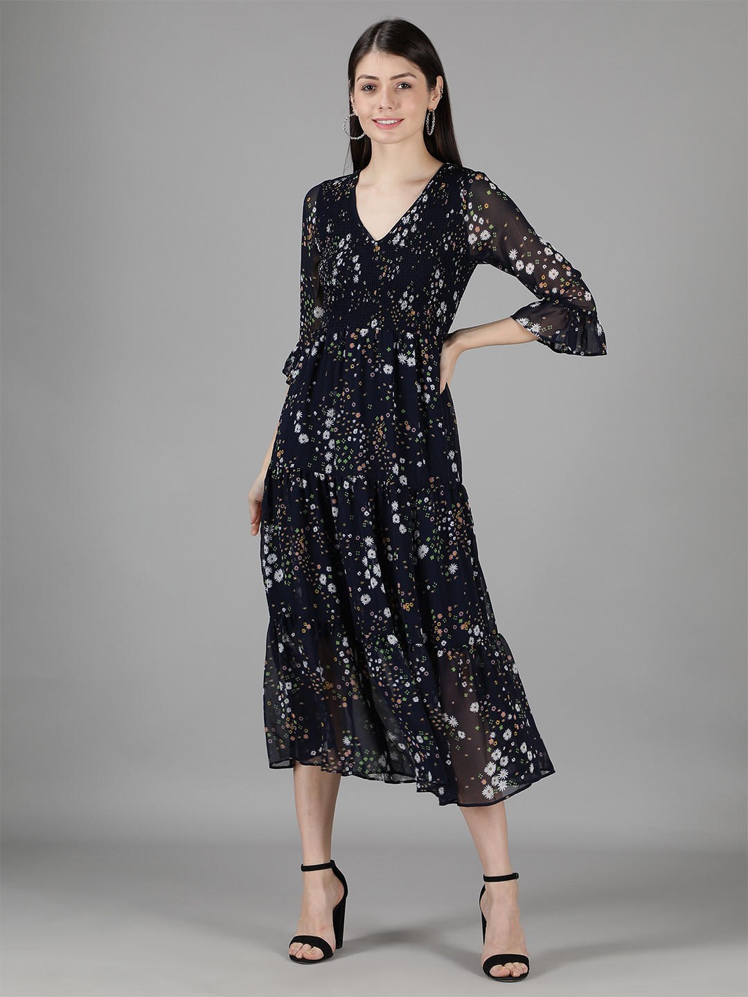 

Amagyaa Navy Blue Floral Georgette Midi Dress