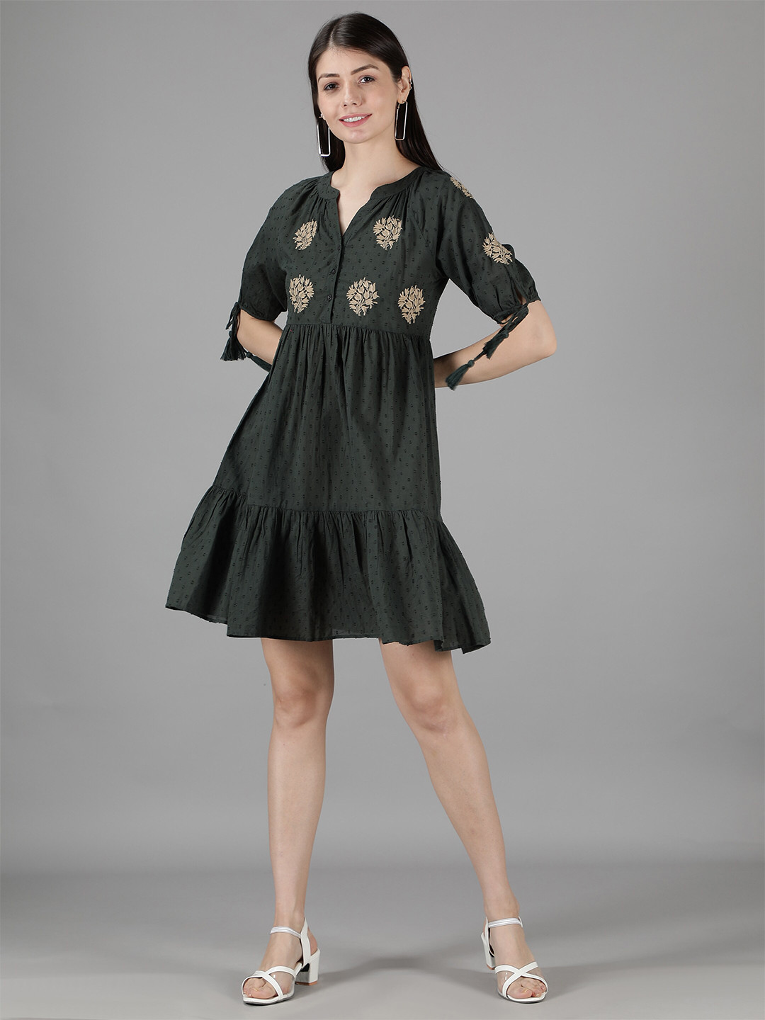 

Amagyaa Green & Beige Floral Embroidered Dress