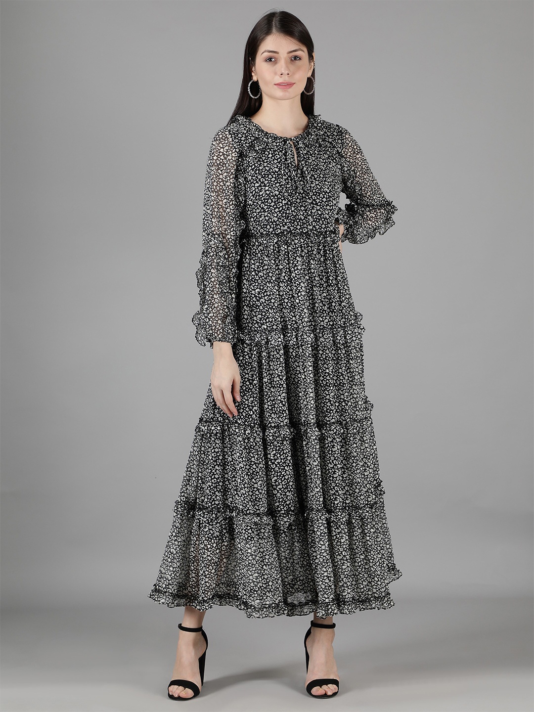 

Amagyaa Black & White Floral Tie-Up Neck Georgette Maxi Dress