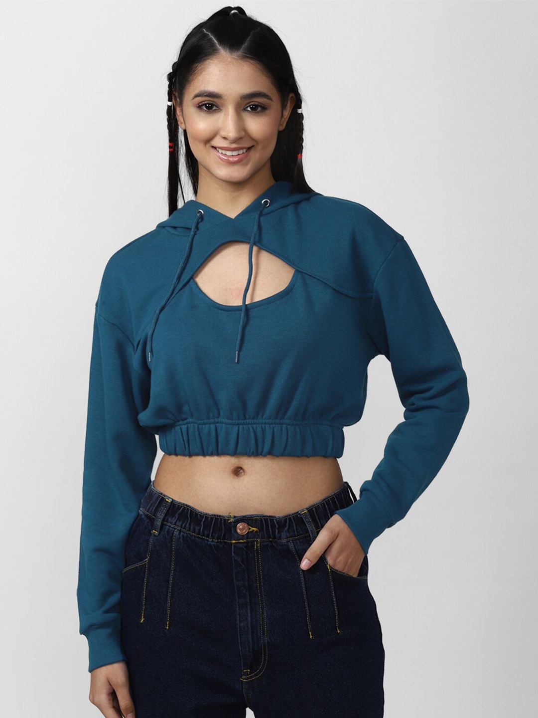 FOREVER 21 Women Blue Solid Hooded Sweatshirt
