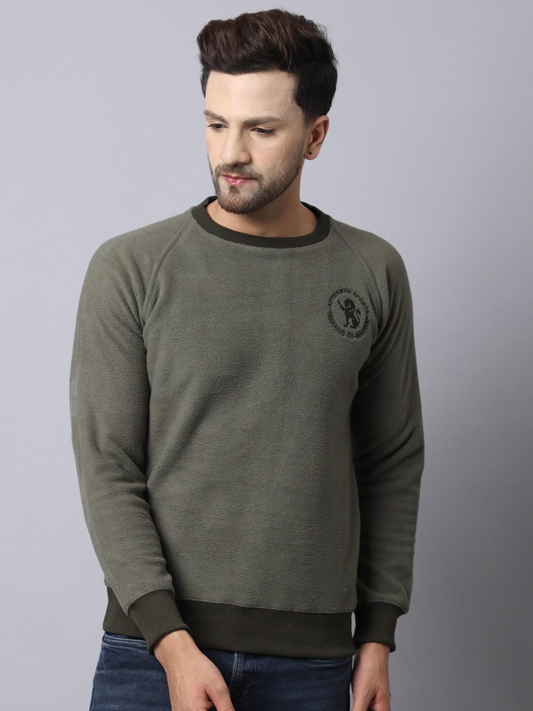 39 THREADS Men Olive Green Solid Sweatshirt