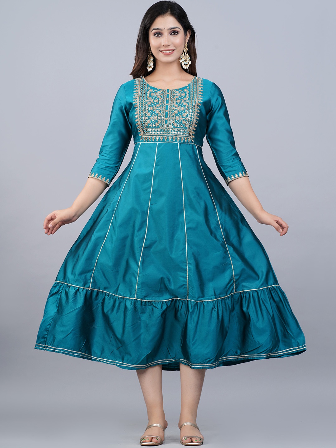 

NITVAN Women Blue Ethnic Motifs Yoke Design Prints Silk Anarkali Kurta