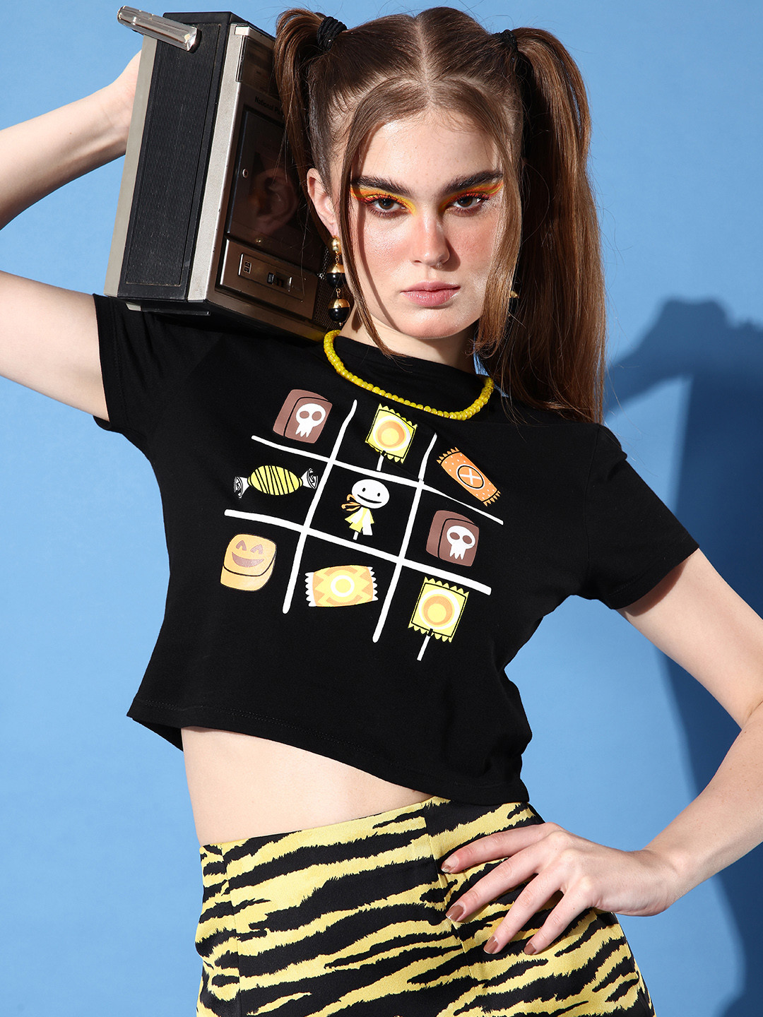 

People Women Black Conversational Printed Pure Cotton Cropped T-shirt